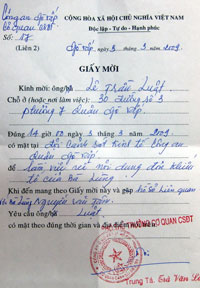 Một trong những giấy mời m cng an mời LS L Trần Luật ln lm việc hồi năm 2009. Photo courtesy of vietcyber.com